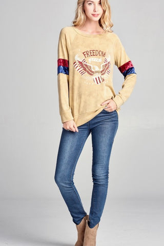 MINERAL WASH LONG SLEEVE AMERICAN FREEDOM GRAPHIC TOP WITH VELVET DETAIL