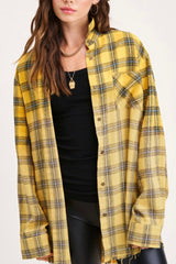 LONG SLEEVE TWO TONED PLAID BUTTON DOWN SHIRT WITH RAW HEM