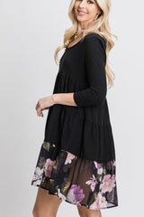 3/4 SLEEVE TIERED DRESS WITH FLORAL HEM