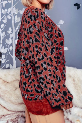 CURVY FUZZY LEOPARD PRINT BUTTON FRONT CARDI