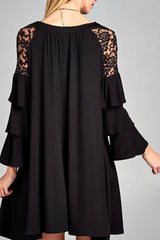 TIERED BELL SLEEVE DRESS WITH LACE SHOULDERS