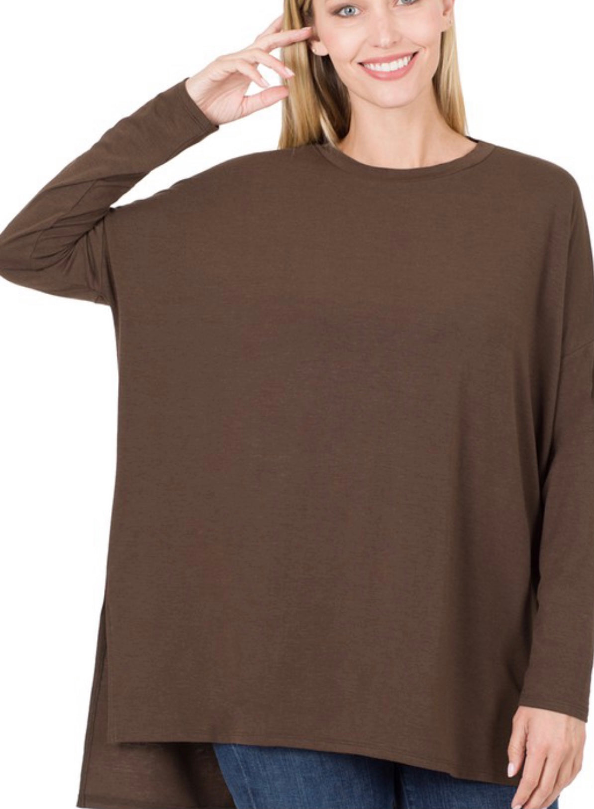 LONG DOLMAN SLEEVE ROUND NECK BOXY FIT TOP WITH SIDE SLITS