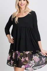 3/4 SLEEVE TIERED DRESS WITH FLORAL HEM