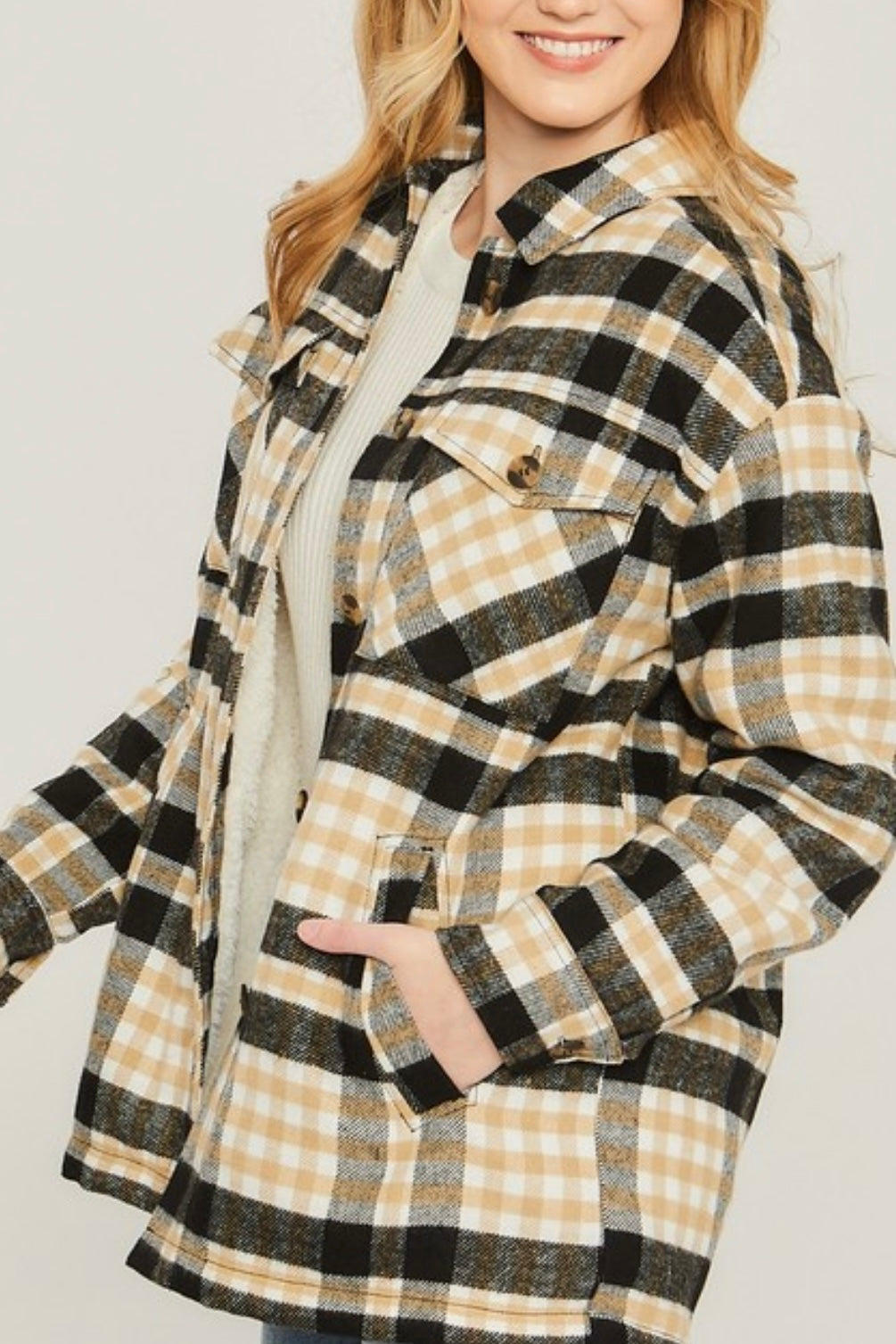 LONG SLEEVE SHERPA LINED FLANNEL SHIRT WITH POCKETS