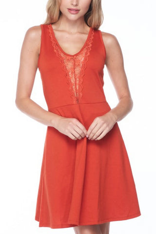 SLEEVELESS DRESS WITH DEEP LACE INSET DETAIL