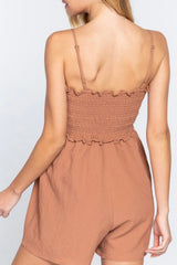 SMOCKED FRONT RUCHED DETAIL CAMI WOVEN ROMPER