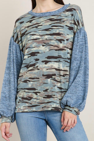 LONG SLEEVE CAMO CONTRAST TOP