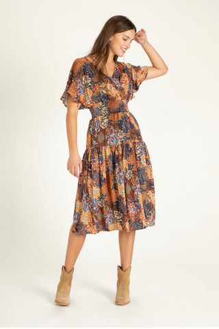 ADELYN CROSS OVER FRONT MIDI DRESS WITH SMOCKED WAIST
