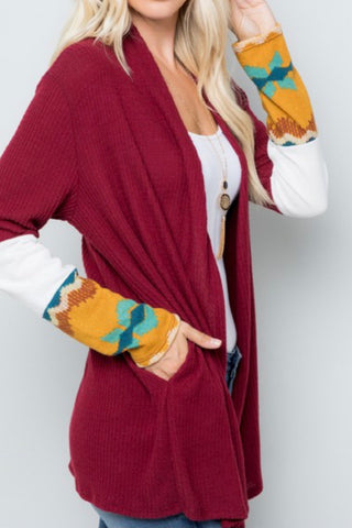 LONG SLEEVE WAFFLE KNIT OPEN CARDI WITH AZTEC CUFF DETAIL
