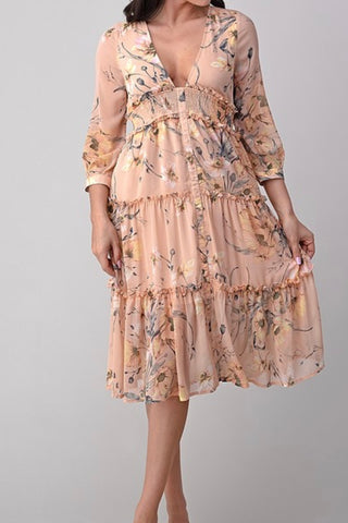 LONG SLEEVE FLORAL DEEP V TIERED DRESS