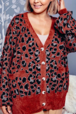 CURVY FUZZY LEOPARD PRINT BUTTON FRONT CARDI
