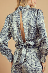 LONG SLEEVE SATIN SNAKE PRINT TOP WITH TIE BACK