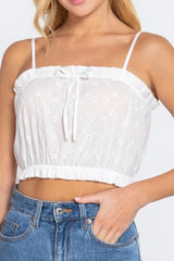 FRONT TIE DETAIL EYELET CROP CAMI WOVEN TOP