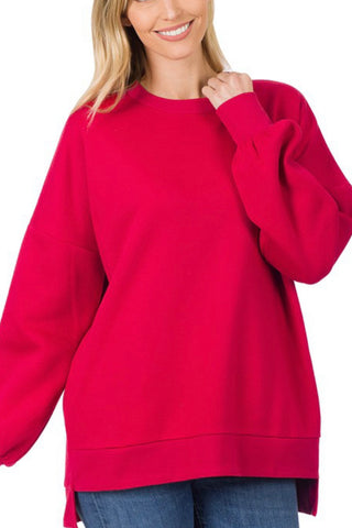 LONG SLEEVE ROUND NECK HI-LOW HEM RELAX FIT SWEATSHIRT WITH SIDE POCKETS