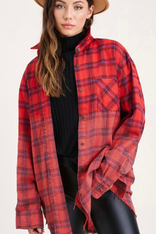 LONG SLEEVE TWO TONED PLAID BUTTON DOWN SHIRT WITH RAW HEM