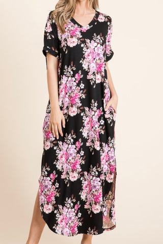 SHORT SLEEVE FLORAL VNECK MAXI