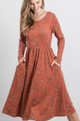 LONG SLEEVE FLORAL PRINT MIDI DRESS WITH POCKETS