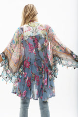 BOTANICAL GARDENS TUNIC DRESS WITH BELL SLEEVES AND TASSEL TRIM