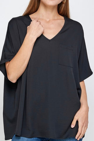 SHORT DOLMAN SLEEVE VNECK BOXY WOVEN TOP