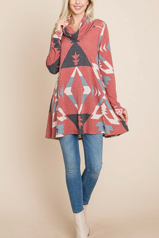 LONG SLEEVE LOOSE FIT COWL NECK AZTEC TUNIC