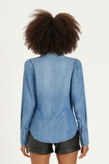 CORDELIA PLEATED LONG SLEEVE RELAXED FIT DENIM SHIRT