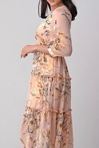 LONG SLEEVE FLORAL DEEP V TIERED DRESS