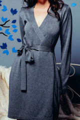 LONG SLEEVE WRAP FRONT SWEATER DRESS WITH TIE WAIST