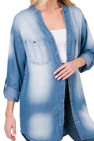 LONG TAB SLEEVE  MANDARIN COLLAR DENIM SHIRT