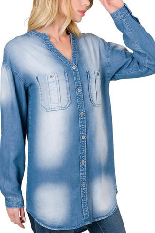 LONG TAB SLEEVE  MANDARIN COLLAR DENIM SHIRT