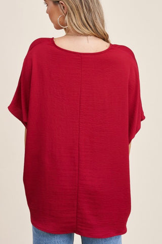 SHORT DOLMAN SLEEVE VNECK BOXY WOVEN TOP