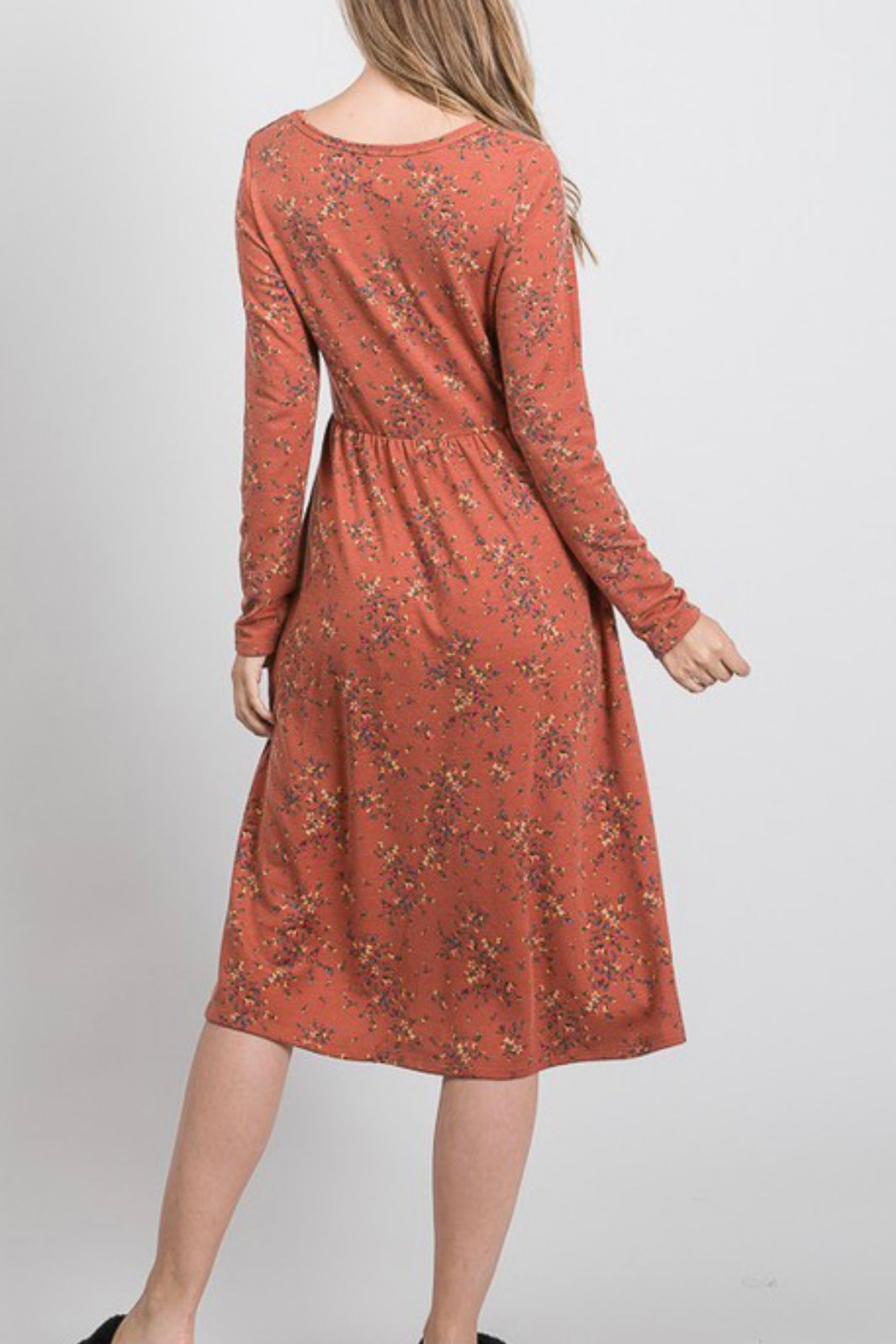 LONG SLEEVE FLORAL PRINT MIDI DRESS WITH POCKETS