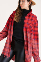 LONG SLEEVE TWO TONED PLAID BUTTON DOWN SHIRT WITH RAW HEM
