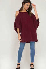 WIDE SLEEVE COLD SHOULDER RIBBED SWEATER