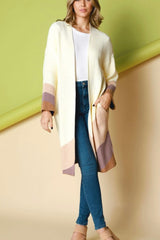 LONG OPEN SWEATER CARDIGAN WITH COLOR BLOCK DETAIL