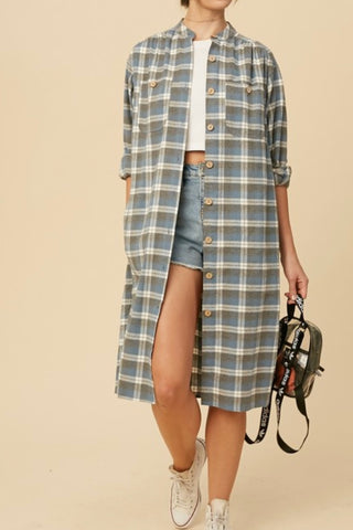 PLAID BUTTON DOWN MIDI LENGTH SHIRT DRESS