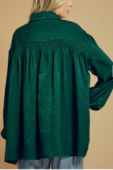 LONG SLEEVE SHIMMER SATIN BUTTON DOWN FLOWY TOP WITH SMOCKED DETAIL