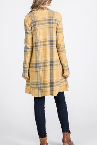 LONG SLEEVE BRUSHED WAFFLE KNIT PLAID OPEN CARDI