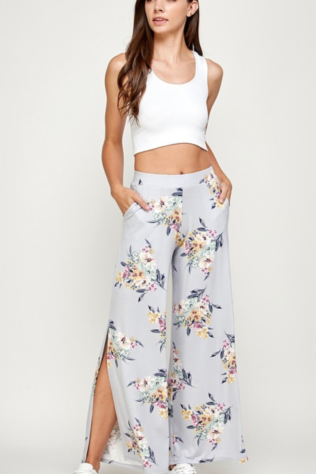 HIRISE FLORAL WIDE LEG PANTS WITH SIDE SLITS AND POCKETS