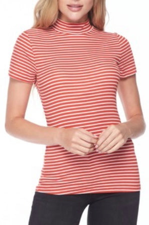 SHORT SLEEVE STRIPED MOCK NECK TOP