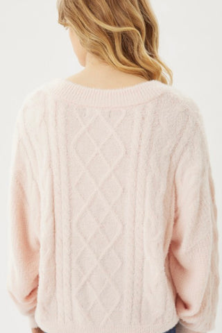 LONG SLEEVE FUZZY VNECK CABLE KNIT SWEATER