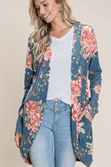 LONG SLEEVE FLORAL COCOON BRUSHED KNIT CARDI WITH POCKETS