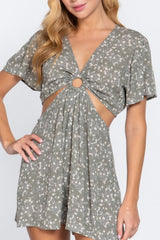 SHORT RUFFLE SLEEVE V-NECK WITH O-RING CUT OUT BACK ZIPPER ROMPER