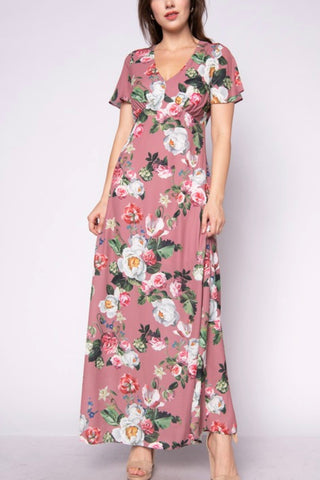 SHORT SLEEVE LINED FLORAL MAXI DRESS