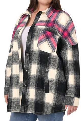 CURVY HEAVY PLAID FLANNEL LONG LINE SHIRT JACKET WITH POCKETS