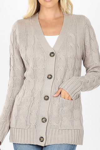 CURVY LONG SLEEVE CABLE KNIT BUTTON DOWN CARDI
