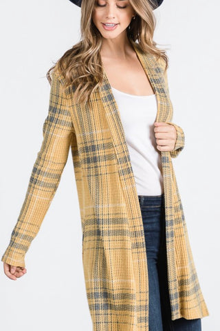 LONG SLEEVE BRUSHED WAFFLE KNIT PLAID OPEN CARDI