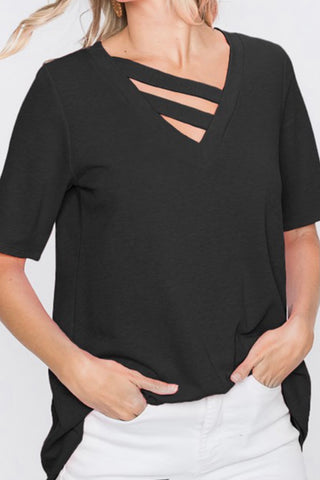 CURVY SHORT SLEEVE VNECK TEE WITH STRAP DETAIL