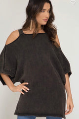 WIDE SLEEVE COLD SHOULDER RIBBED SWEATER