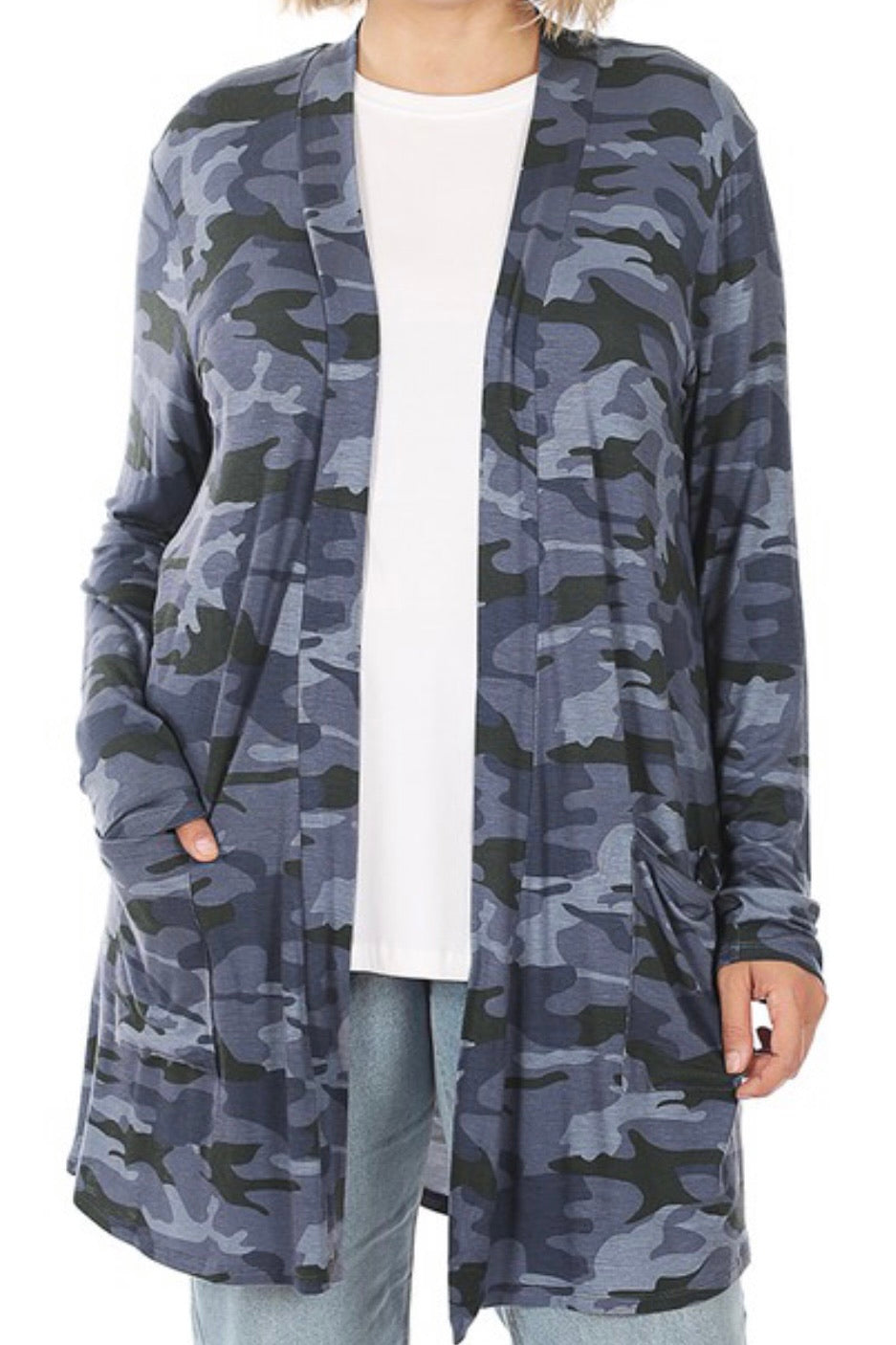 CURVY LONG SLEEVE CAMO PRINT CARDI
