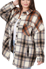 CURVY HEAVY PLAID FLANNEL LONG LINE SHIRT JACKET WITH POCKETS